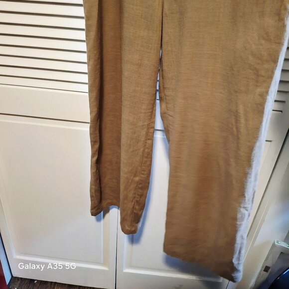 Lulu's Loose Fit Tan Linen Blend Overalls For Women With Adjustable Strap Button - Picture 3 of 10